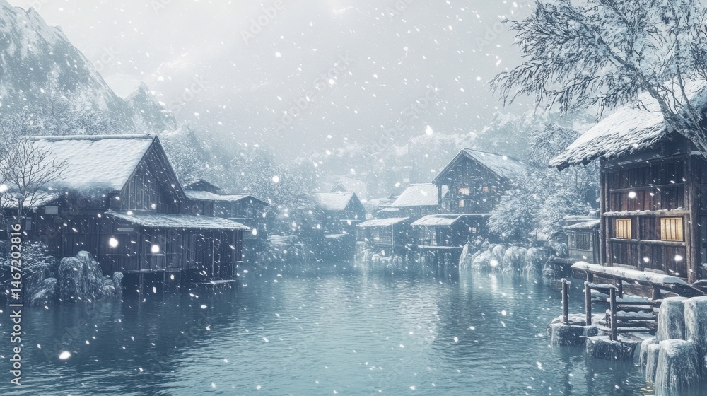 Fototapeta premium Traditional Japanese Village in Winter Snowfall