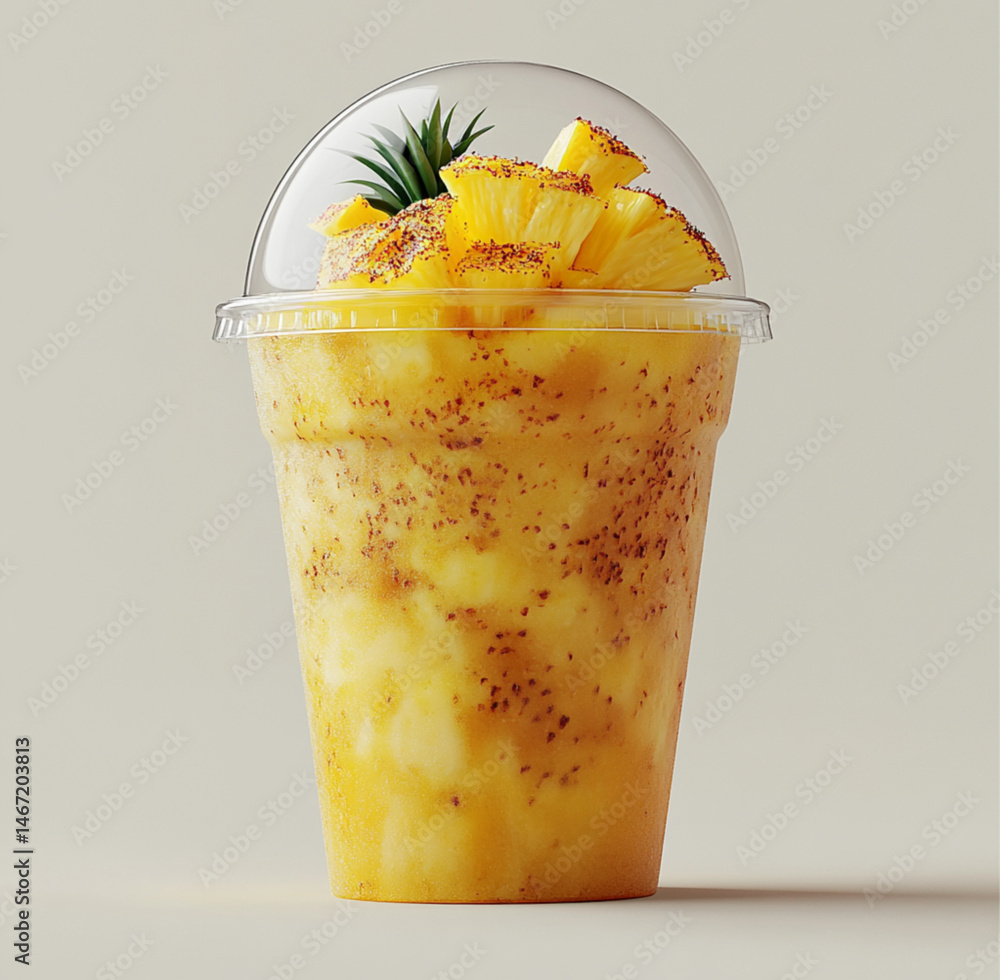 a clear dome plastic cup with shopped up pineapple with sprinkled on it on white background