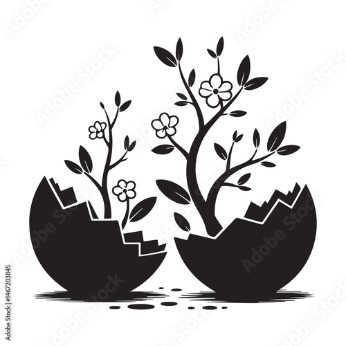  cracked eggs with blooming branches on, symbolizing rebirth and growth Vector Black silhouette. with white background