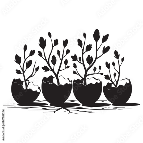  cracked eggs with blooming branches on, symbolizing rebirth and growth Vector Black silhouette. with white background