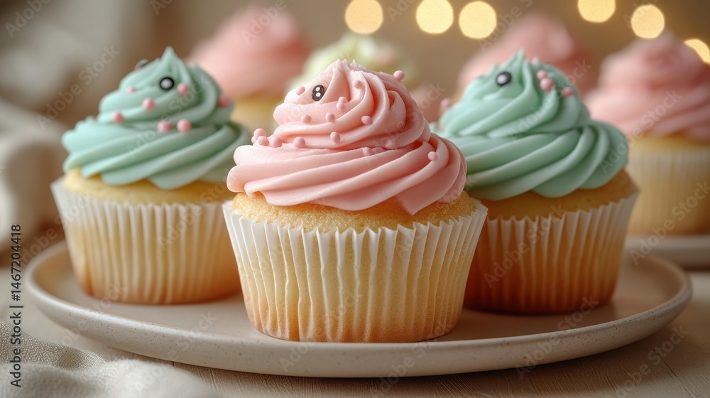Delicate cupcakes adorned with pastel icing and sprinkles Delicate cupcakes adorned with pastel icing and sprinkles