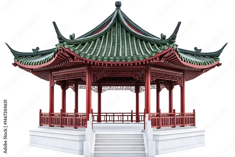 Architectural rendering of an elegant chinese pagoda with a green tiled roof and red accents Architectural rendering of an elegant chinese pagoda with a green tiled roof and red accents