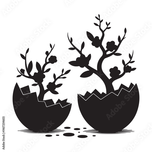  cracked eggs with blooming branches on, symbolizing rebirth and growth Vector Black silhouette. with white background