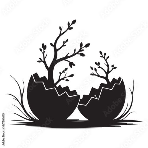  cracked eggs with blooming branches on, symbolizing rebirth and growth Vector Black silhouette. with white background
