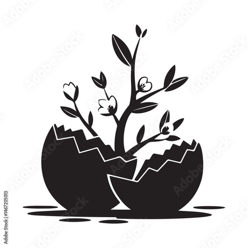  cracked eggs with blooming branches on, symbolizing rebirth and growth Vector Black silhouette. with white background