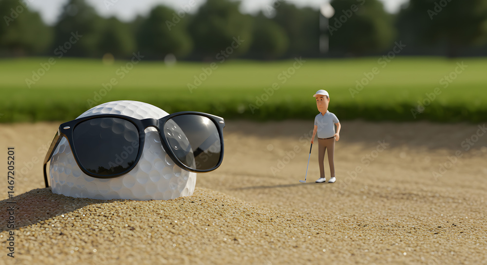 Obraz premium Golf Ball with Sunglasses in Sand Trap, Miniature Golfer