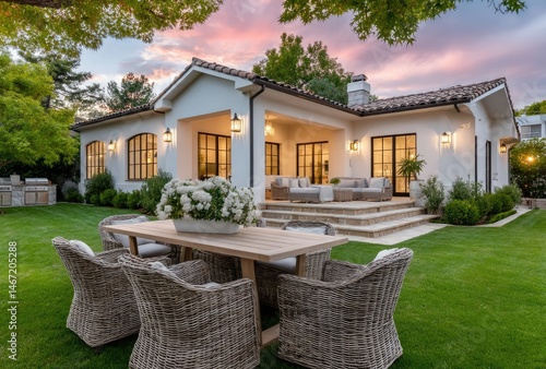 the backyard with lush green grass, large patio area with wicker furniture and an outdoor dining table, modern home in los angeles