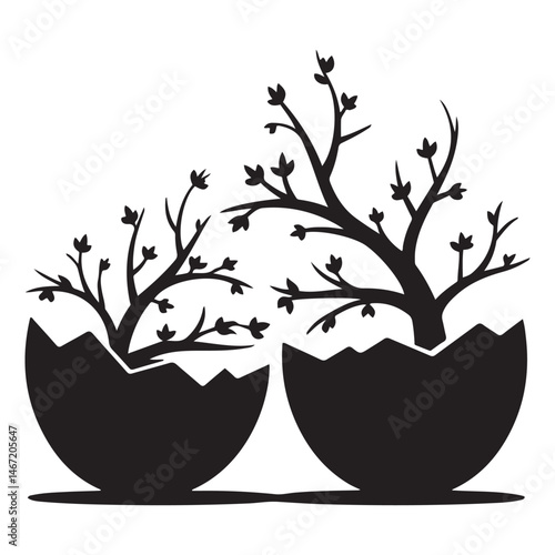  cracked eggs with blooming branches on, symbolizing rebirth and growth Vector Black silhouette. with white background