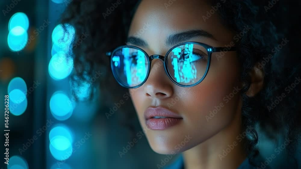 A focused individual gazing into the future through reflective glasses, surrounded by a digital panorama A focused individual gazing into the future through reflective glasses, surrounded by a digital panorama