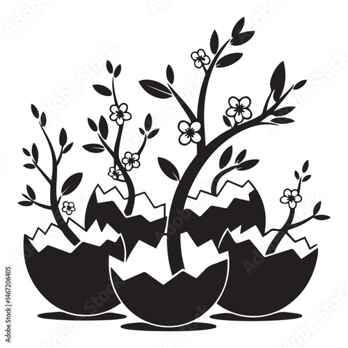  cracked eggs with blooming branches on, symbolizing rebirth and growth Vector Black silhouette. with white background