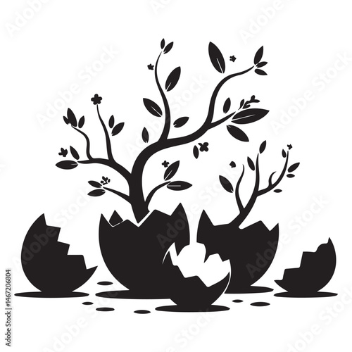  cracked eggs with blooming branches on, symbolizing rebirth and growth Vector Black silhouette. with white background