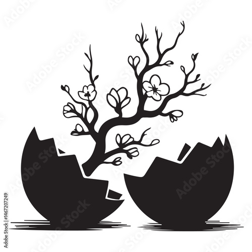  cracked eggs with blooming branches on, symbolizing rebirth and growth Vector Black silhouette. with white background