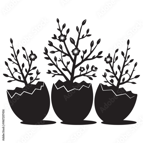  cracked eggs with blooming branches on, symbolizing rebirth and growth Vector Black silhouette. with white background