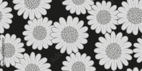 Monochrome sunflower seamless pattern Dark gray floral pattern, design for fabric textile cover and background.