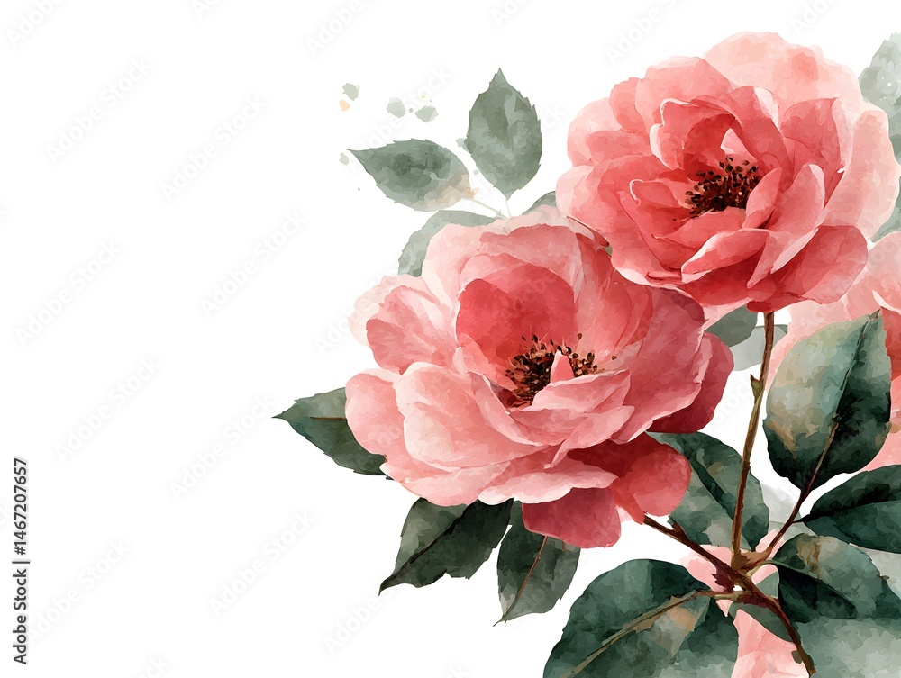 Fototapeta premium Delicate watercolor painting of two blush pink roses with green leaves on a white background perfect for wedding invitations or romantic designs.