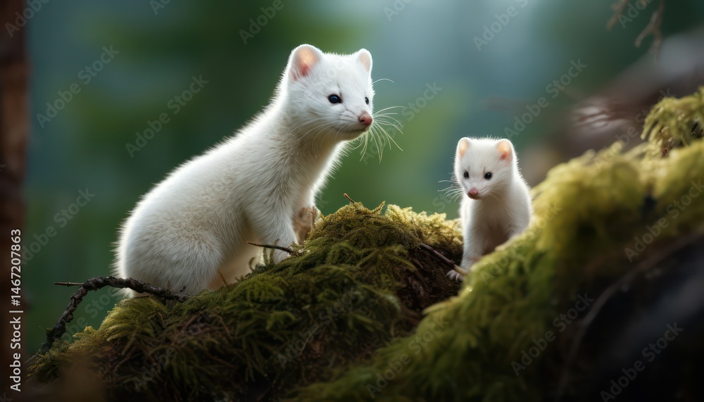 Snow marten with his child standing in the arctic regions green frost forest, rare view in the arctic, rare animal sighting in snowy forest Snow marten with his child standing in the arctic regions green frost forest, rare view in the arctic, rare animal sighting in snowy forest