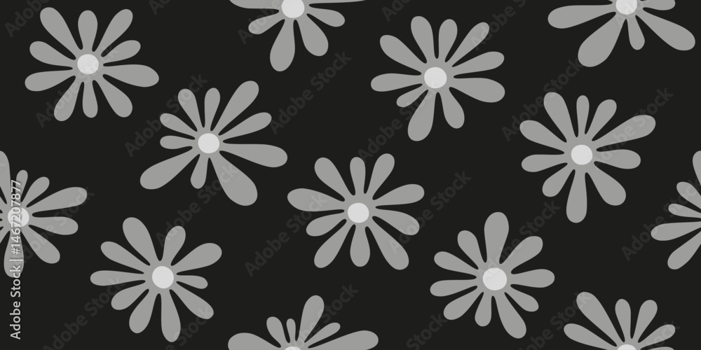 Dark gray floral seamless pattern in childish style. Monochrome doodle flower pattern, design for fabric textile cover and background. Dark gray floral seamless pattern in childish style. Monochrome doodle flower pattern, design for fabric textile cover and background.