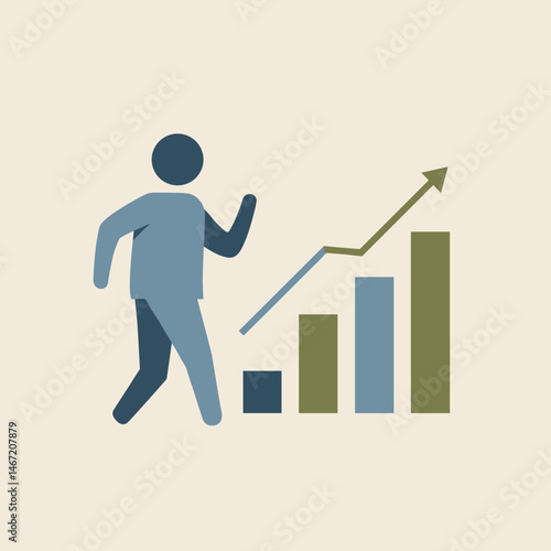 Person running towards a growth chart with ascending bars and an upward arrow on a light background
