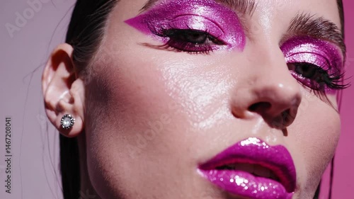 Glamorous makeup transformation: bold pink eyeshadow and glossy lips in focus