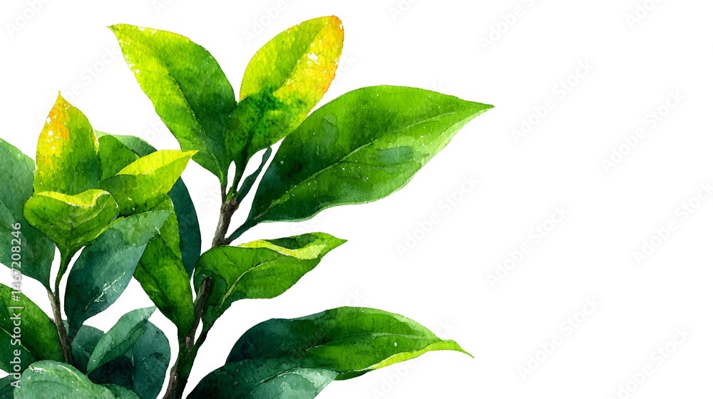 Fototapeta premium Lush green leaves branch watercolor painting illustration isolated on white background perfect for nature designs and sp themes.