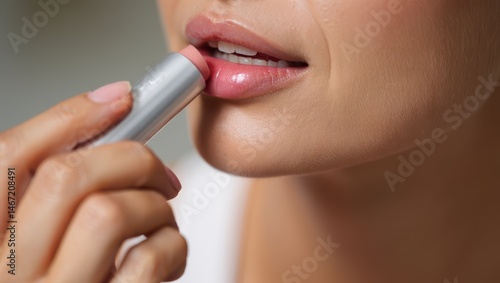 Woman applying lip balm close up