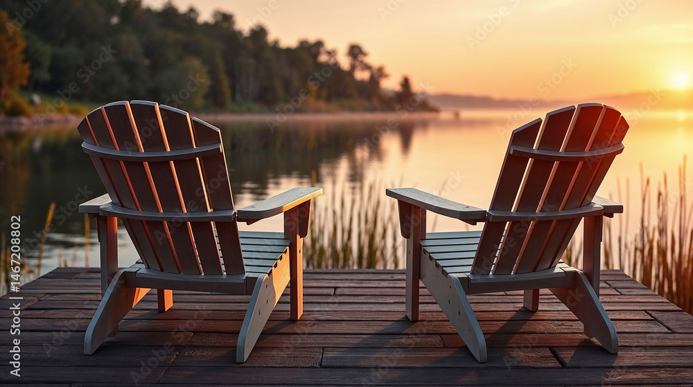 Fototapeta premium Adirondack Chairs on a Dock at Sunset by Tranquil Lake for Travel Blogs, Interior Design Websites, Outdoor Living Articles, and Cozy Retreat Content 