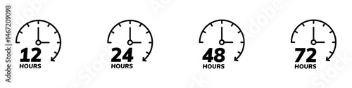 12, 24, 48, 72 hours clock arrow. symbol work time, delivery and service time. 12, 24, 48 and 72 hours clock arrow. Delivery and service time. Vector Illustration. EPS 10