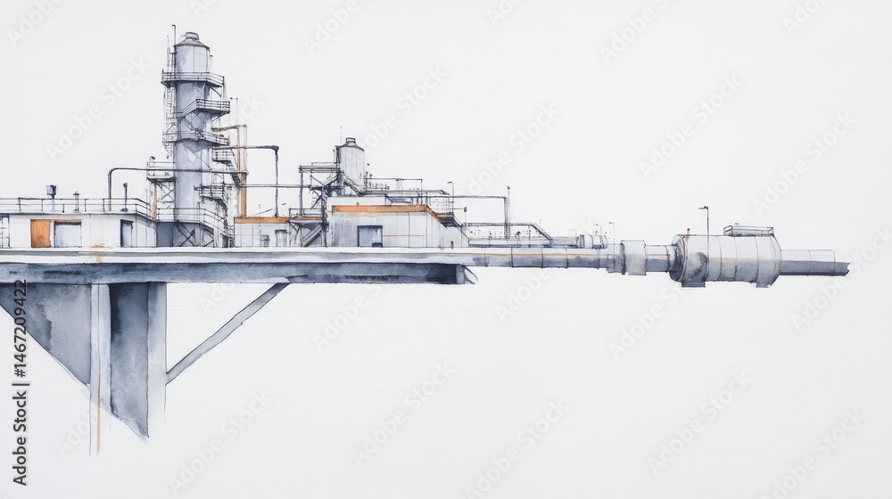 Fototapeta premium Industrial Complex on Elevated Platform - Watercolor painting of a futuristic industrial complex situated on a raised platform, featuring various structures and connecting pipes