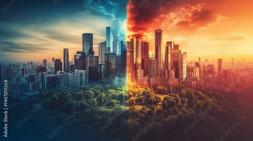 Obraz premium Stunning skyline split between day and night, showcasing urban contrast in vibrant colors.