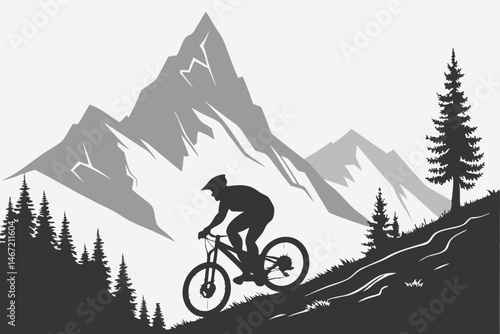 143 Mountain biking action, silhouette cyclist, downhill racing, rugged terrain, majestic mountain peak, pine trees, dramatic black and white illustration, dynamic pose, extreme sports, outdoor advent