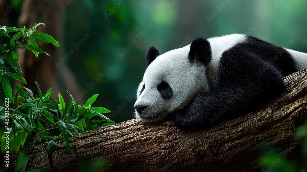 Obraz premium Playful panda rolling in grass, dirt and leaves scattered around, distant capture with shallow depth of field