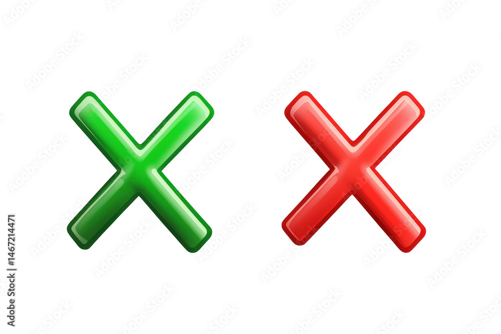 Obraz premium Glossy Green Checkmark and Red Cross Graphic Design Elements for Interface Design and User Experience