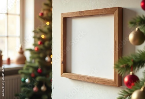 Obraz na płótnie An empty frame hangs on a wall, with a blurred Christmas tree and other room elements in the background, a home Christmas tree is displayed, and a house is decorated with Christmas lights. w salonie