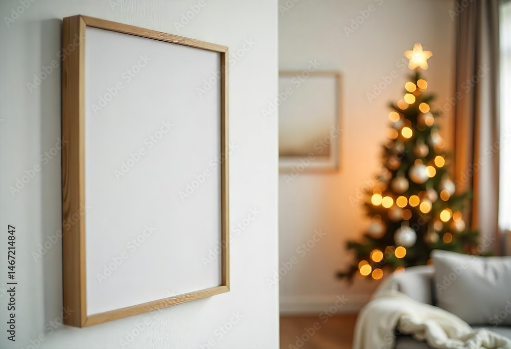 An empty frame hangs on a wall, with a blurred Christmas tree and other room elements in the background, a home Christmas tree is displayed, and a house is decorated with Christmas lights.