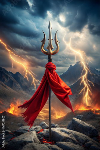 Trishul with Red Cloth Amidst a Fiery and Stormy Landscape