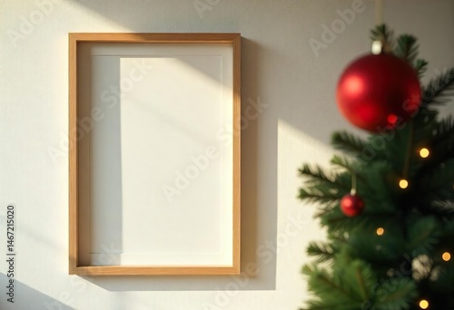 Obraz na płótnie An empty frame hangs on a wall, with a blurred Christmas tree and other room elements in the background, a home Christmas tree is displayed, and a house is decorated with Christmas lights. w salonie