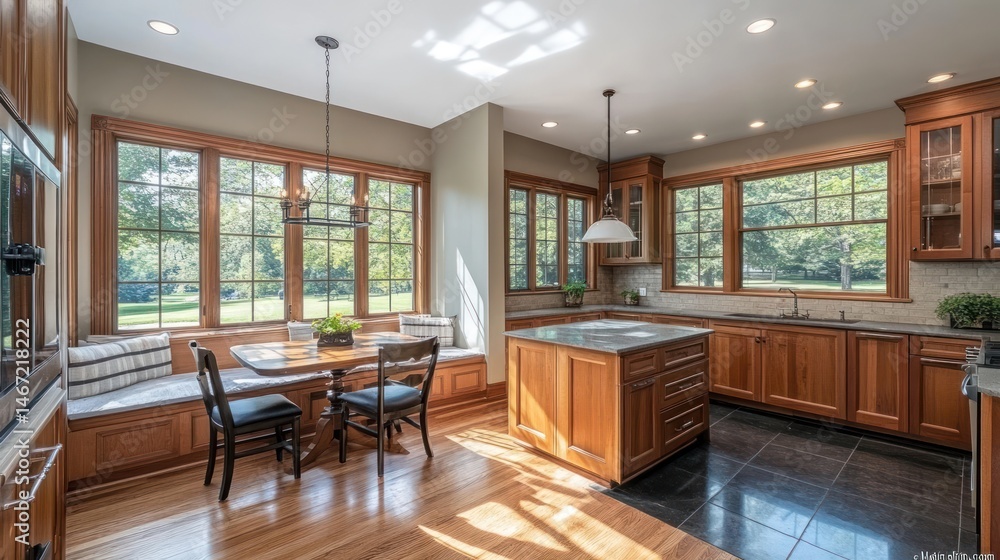Sun-drenched, elegant kitchen with a cozy breakfast nook. Spacious, light-filled room featuring hardwood floors, wood cabinetry, granite countertops, Sun-drenched, elegant kitchen with a cozy breakfast nook. Spacious, light-filled room featuring hardwood floors, wood cabinetry, granite countertops,
