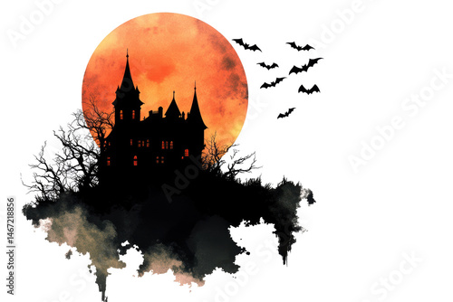 Halloween Night Spooky Castle Silhouette Underneath a Blood Red Moon with Bats Flying