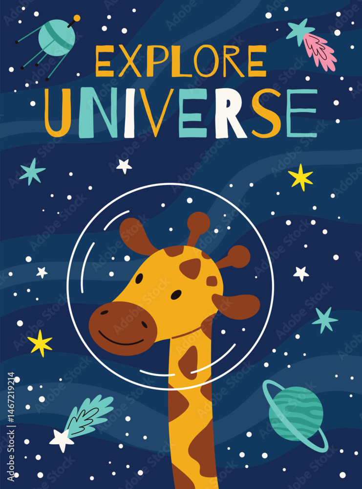 Fototapeta premium Space kids poster.Animal astronauts in among the stars and comets,Giraffe.A postcard, a flyer, an invitation.Vector cartoon flat illustration.