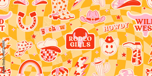Cowgirl Stickers Seamless Pattern Background. Vector Design Elements. Wild West, Western Themed, Y2K.