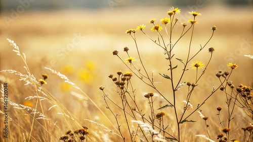 Withered Meadow. A once-lush meadow with wilted, wildflowers in faded yellows, representing fleeting moments of mental respite