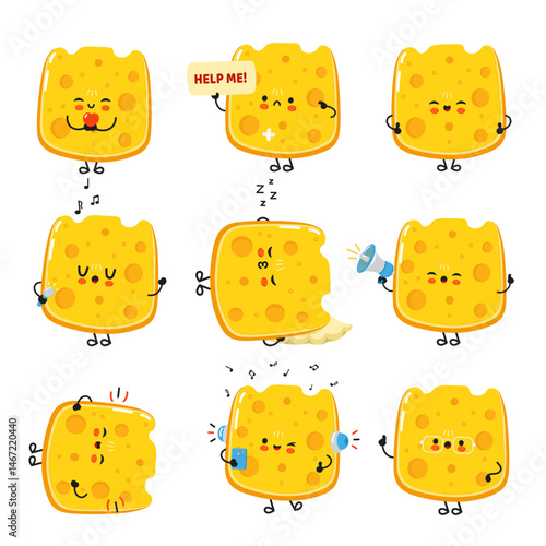 A delightful illustration of various Cheese characters with different expressions and actions.