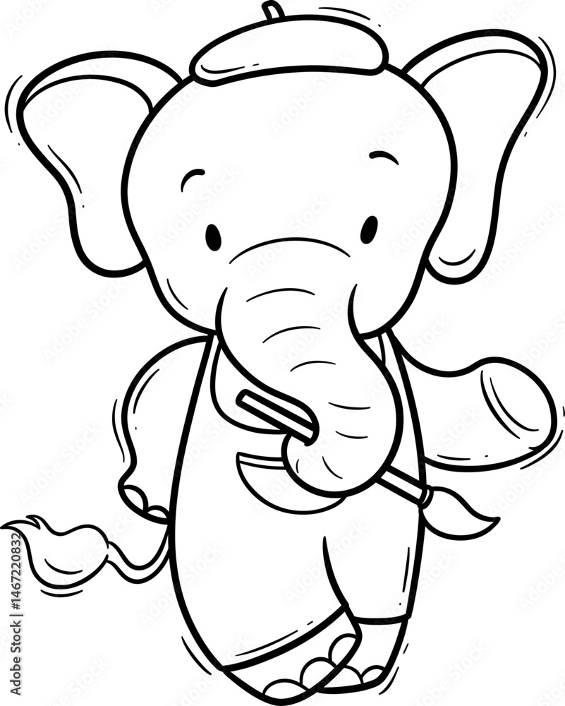 Fototapeta premium Adorable Cartoon Elephant Artist Character Outline