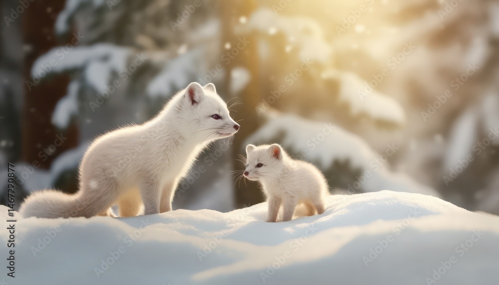 Obraz premium Snow marten with his child standing in the arctic regions green frost forest, rare view in the arctic, rare animal sighting in snowy forest