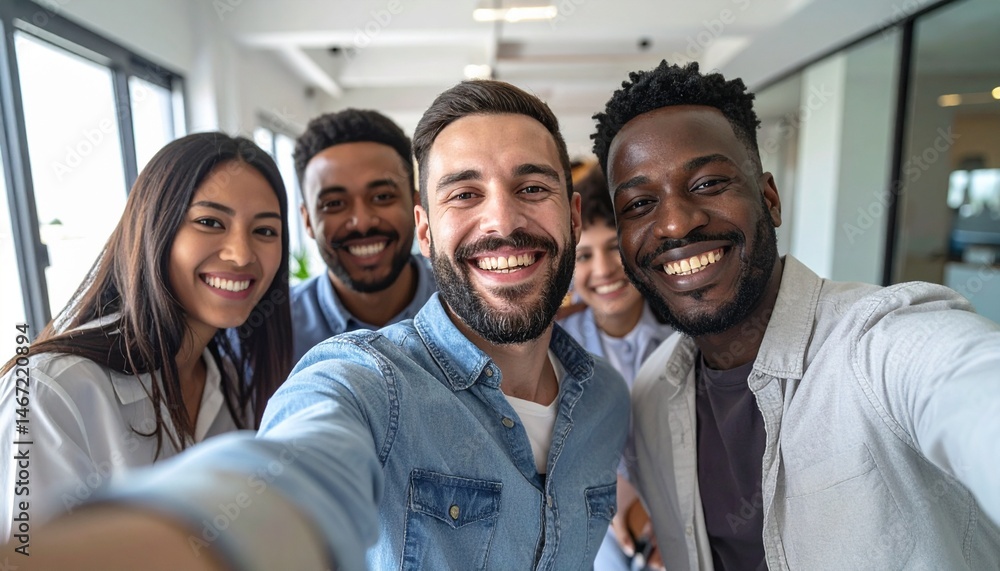 Cheerful group of diverse coworkers taking a selfie in a modern office setting Cheerful group of diverse coworkers taking a selfie in a modern office setting