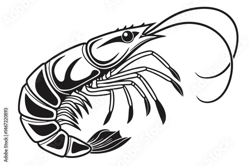 146 Black and white illustration, stylized shrimp, detailed crustacean, side view, curved body, long antennae, segmented exoskeleton, sharp claws, bold graphic design, high contrast, clean lines, mini