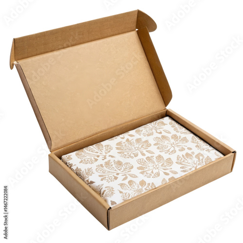 Open cardboard box with patterned tissue paper inside.