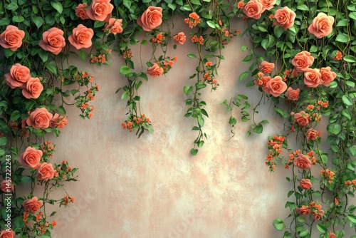 Roses and vines cascading down a textured wall