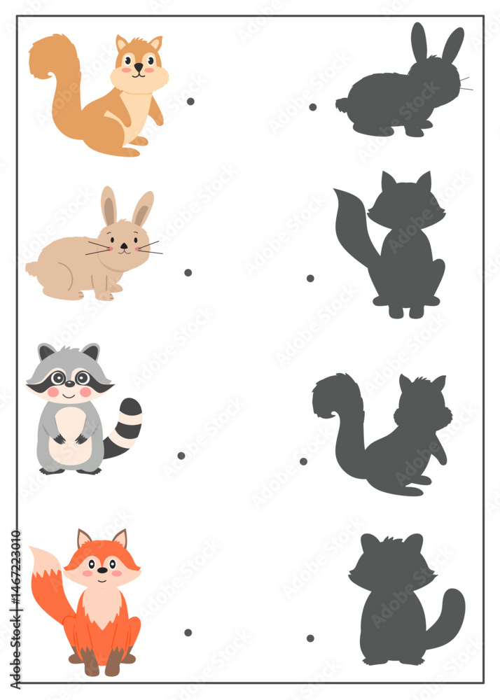 Obraz premium Match each animal with its correct shadow on the right side. Matching shadow worksheet for kindergarten, find the correct shadow activity, animals worksheet for kids