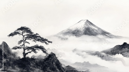Sumi-e Ink Painting of Mount Fuji at Sunrise